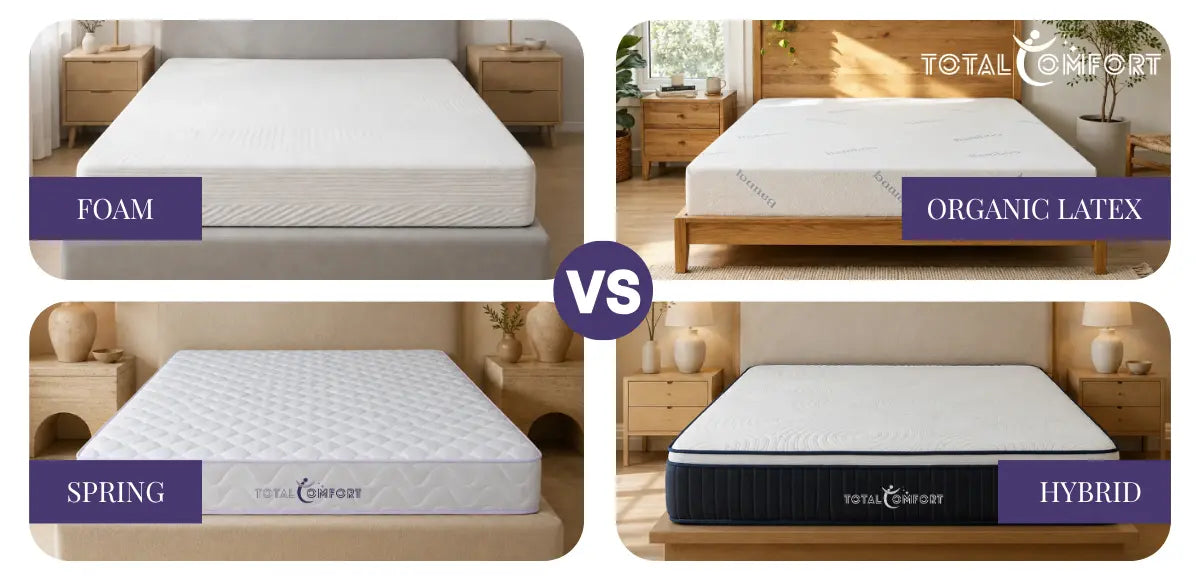 Foam, spring, organic latex, and hybrid mattresses compared in a four-type mattress comparison guide.