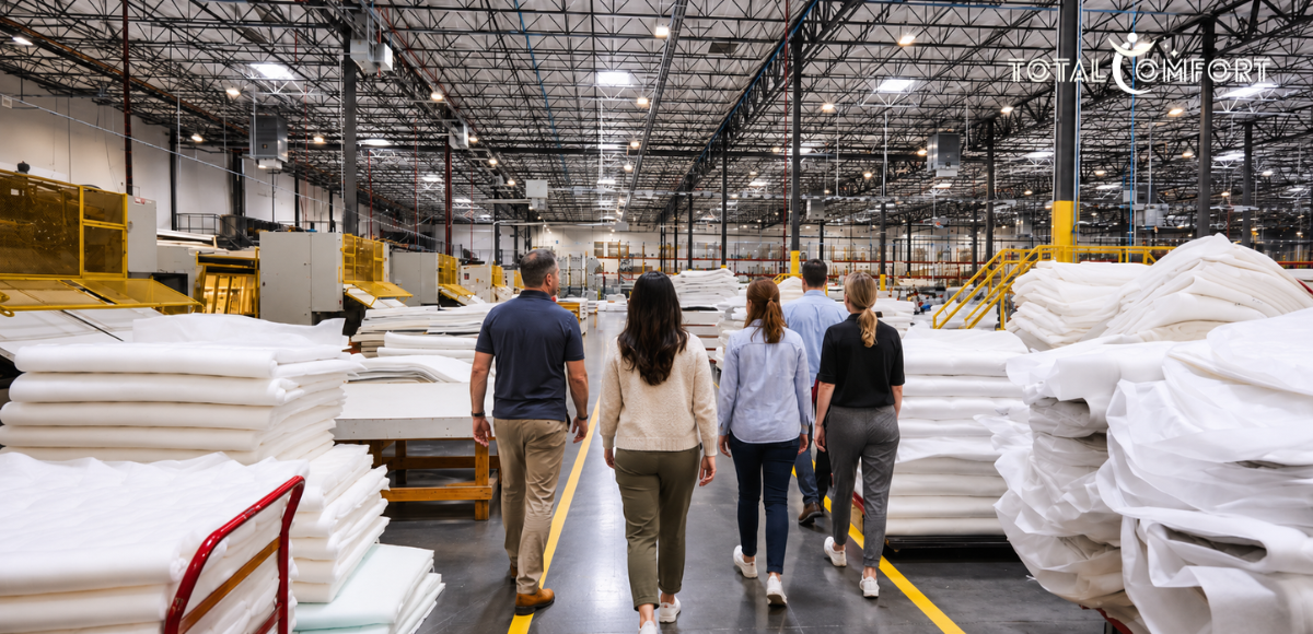 People touring a large mattress manufacturing facility, surrounded by stacks of mattresses and production equipment.