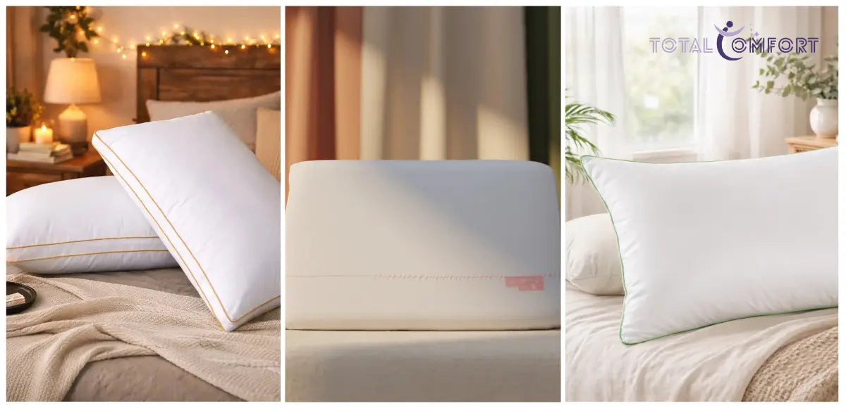 Three white pillows displayed in different bedroom settings, showcasing various pillow styles and sleeping comfort.