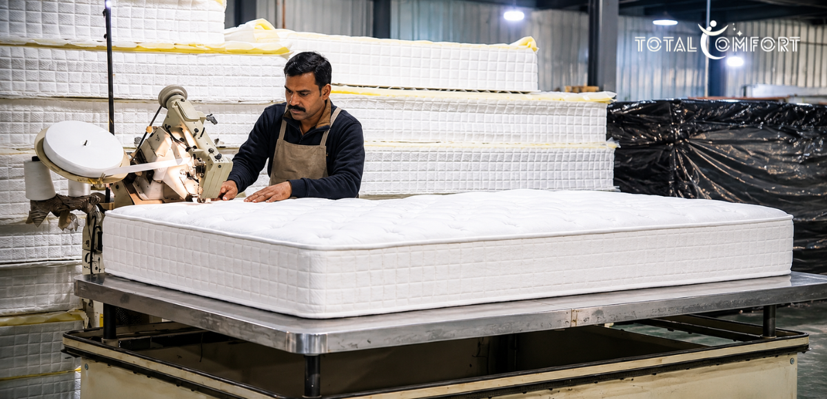 A mattress being assembled by a worker in a UAE mattress manufacturing facility.