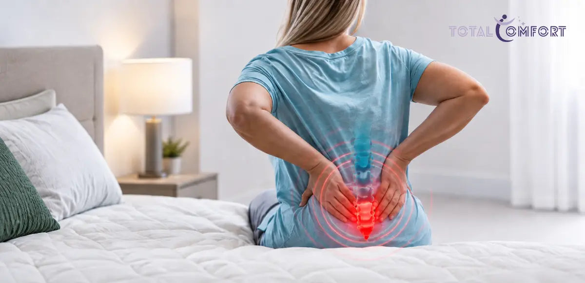 Woman sitting on a mattress with highlighted lower back and tailbone pain.