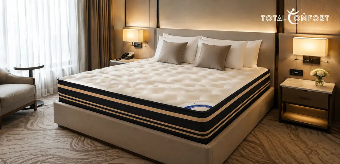 Hotel memory foam mattress in a modern bedroom, highlighting the mattress construction and comfortable hotel-style sleeping setup.