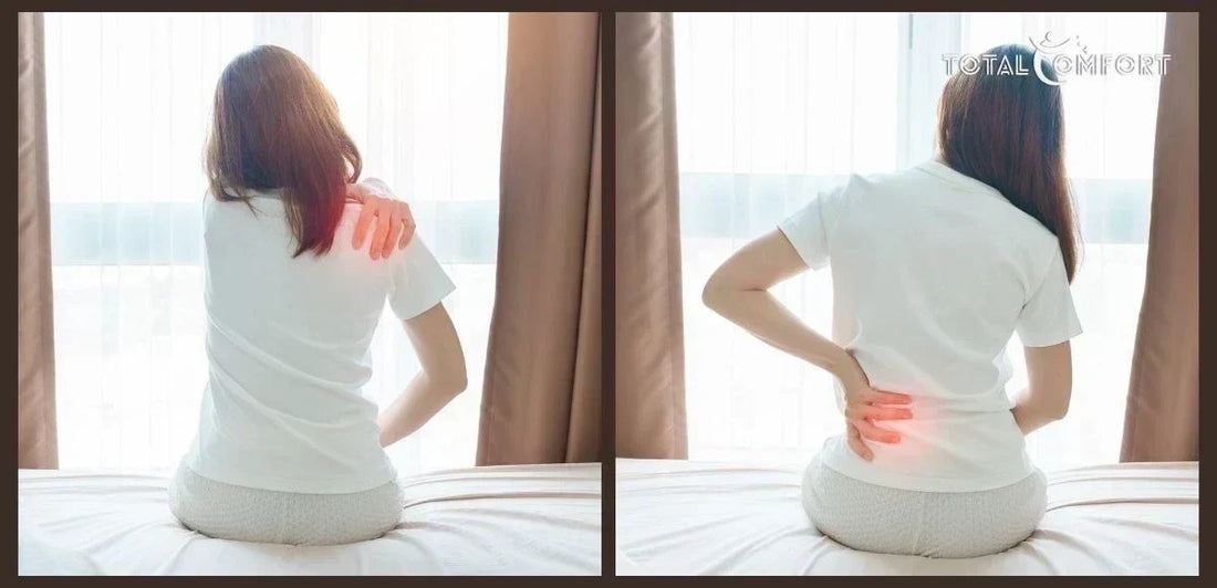 Side-by-side image of a woman holding her shoulder and lower back in pain, highlighting pressure-point discomfort caused by an unsupportive mattress.