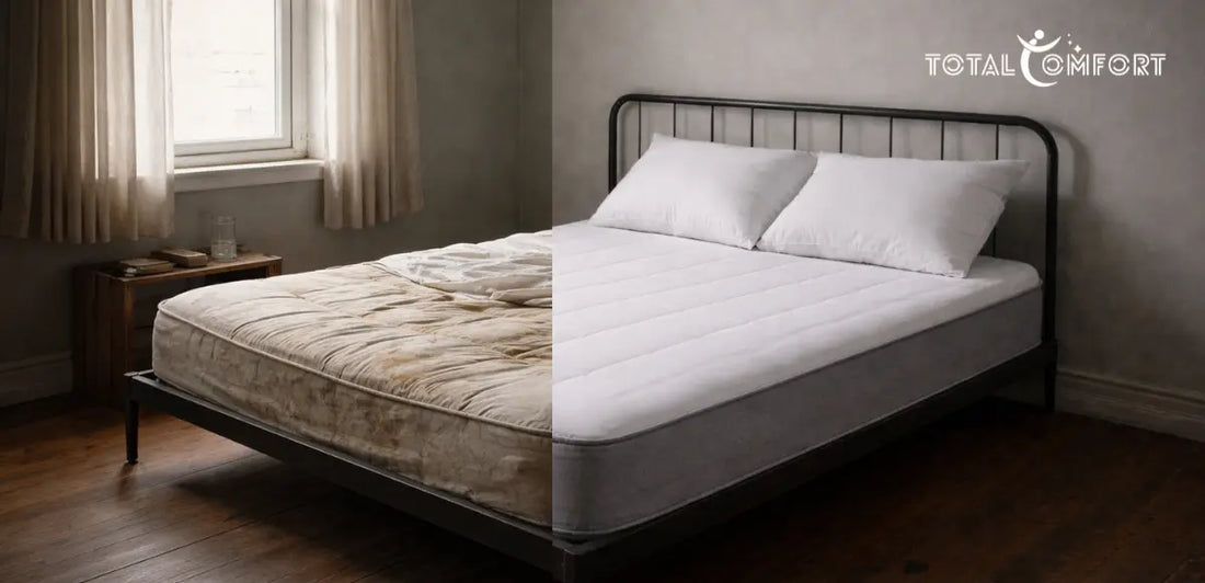 Refurbished mattress on a bed in a modern bedroom, illustrating the mattress refurbishing and restoration process.