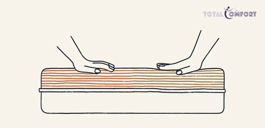 Illustration of hands pressing down on a firm mattress to demonstrate its firmness and support.