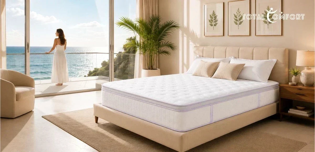 Bright, luxury bedroom featuring a premium hybrid mattress in a hotel-style setting with ocean views, showcasing comfort, elegance, and restful sleep.