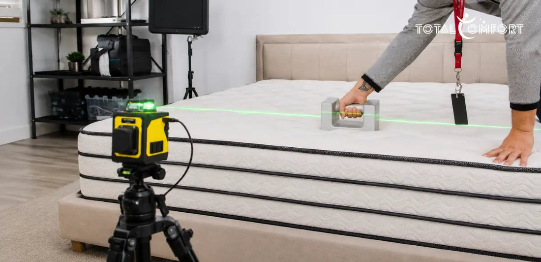 Mattress firmness being measured with a laser level and weight to test surface compression