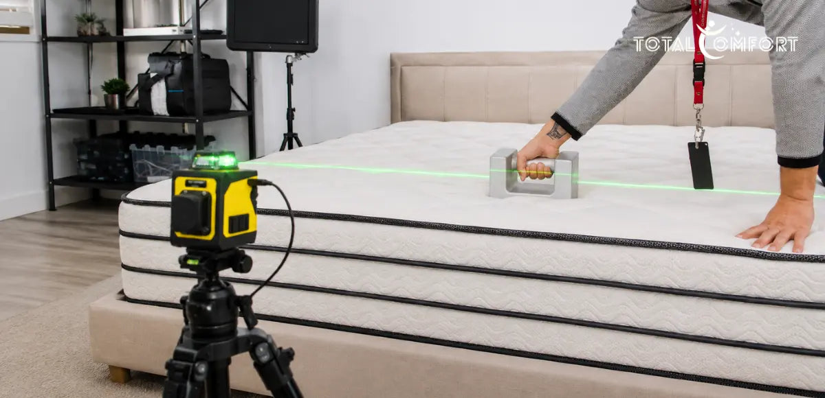 Mattress firmness being measured with a laser level and weight to test surface compression