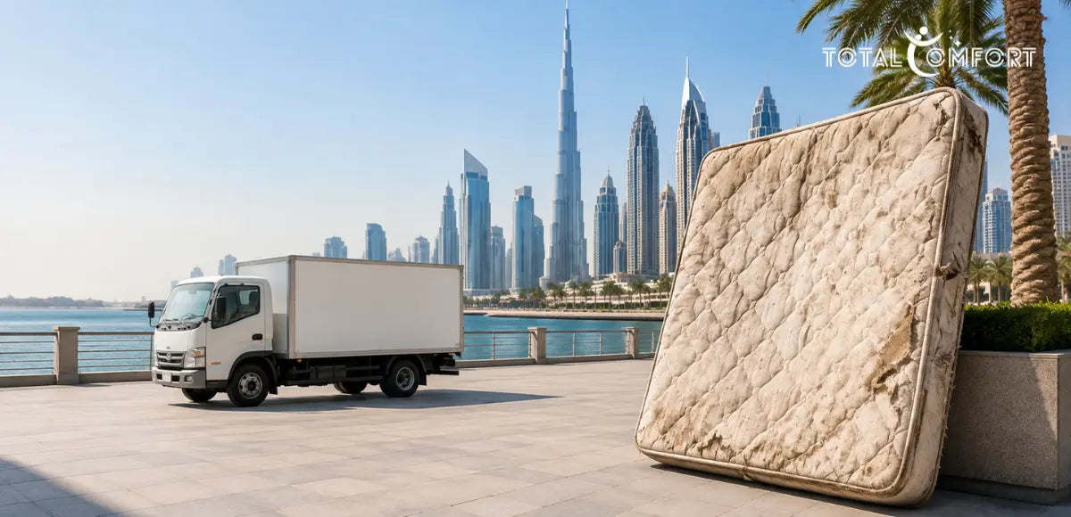 Old mattress ready for collection beside a delivery truck with the Dubai skyline in the background.