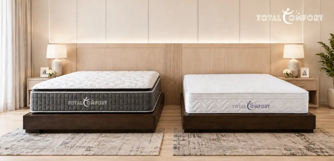 Pillow top mattress and Euro top mattress side by side, showing the difference in edge construction