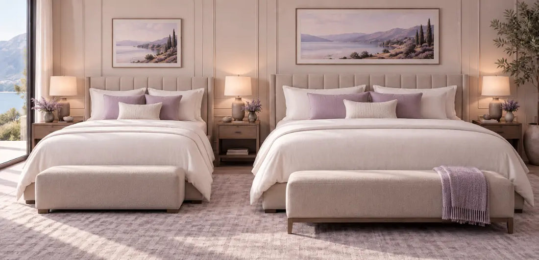 Queen and king mattresses side by side in a modern bedroom setup.