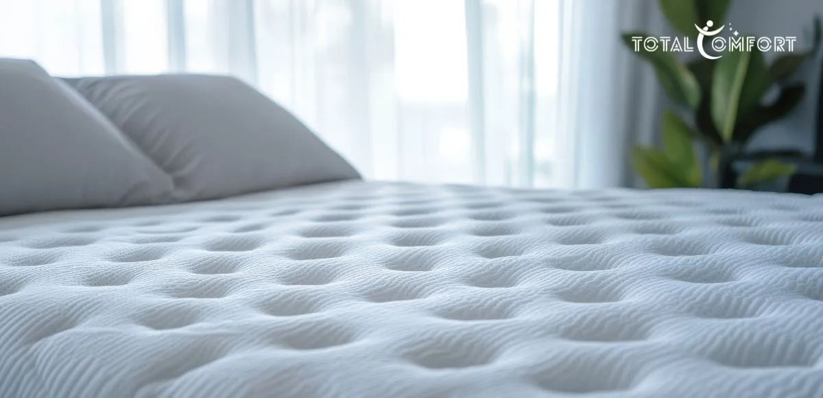 Close-up of a soft quilted mattress designed to provide pressure relief and support for different sleep positions.