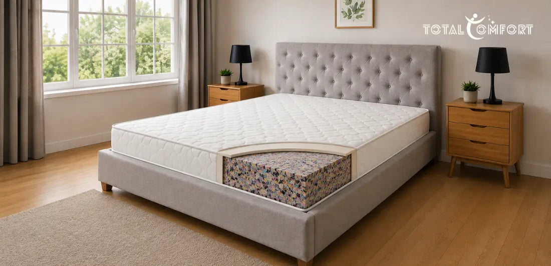 Medicated mattress with quilted pillow-top on an upholstered bed frame in a bright bedroom