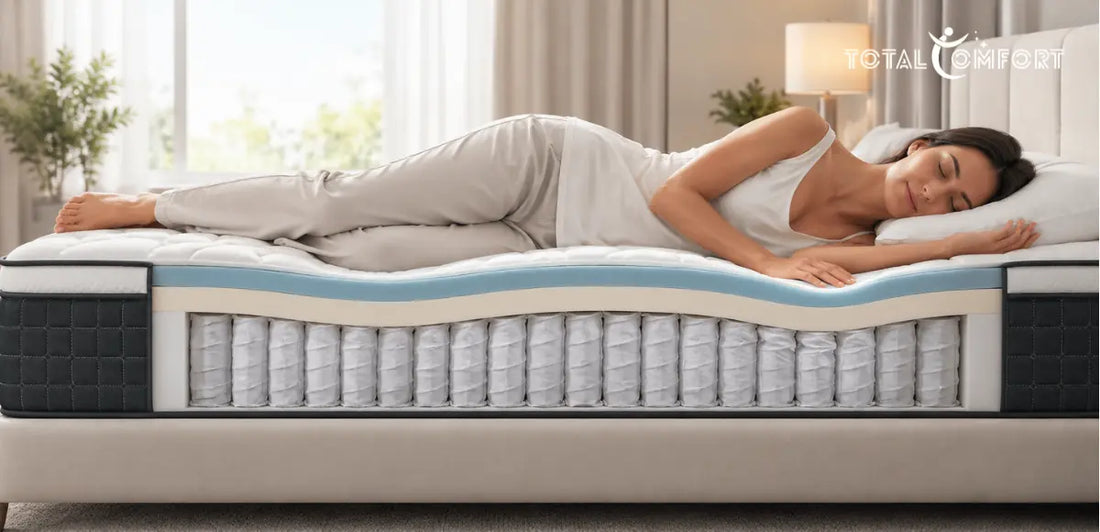 Woman sleeping on a pressure-relief mattress designed to support the body and reduce pressure points.