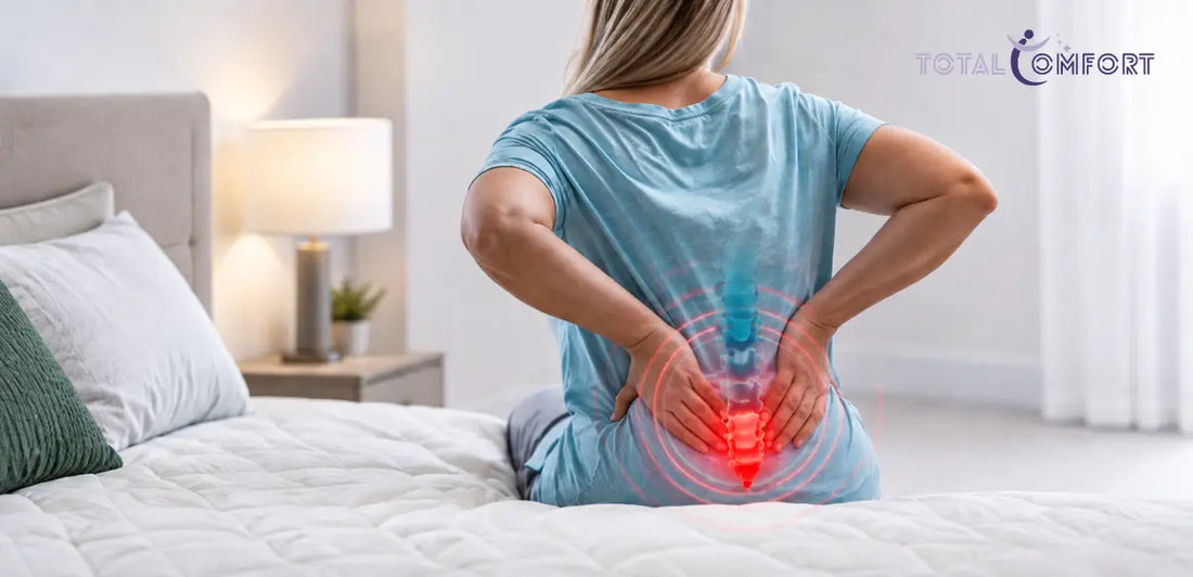 Woman sitting on a mattress with highlighted lower back and tailbone pain.