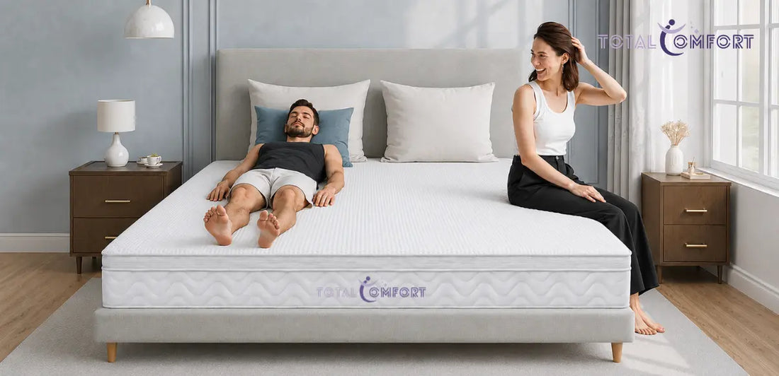 Man and woman on opposite sides of a mattress in a bedroom, demonstrating motion isolation