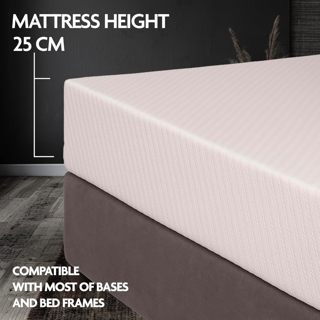 Latex Foam mattress on a bed with text indicating height and compatibility.