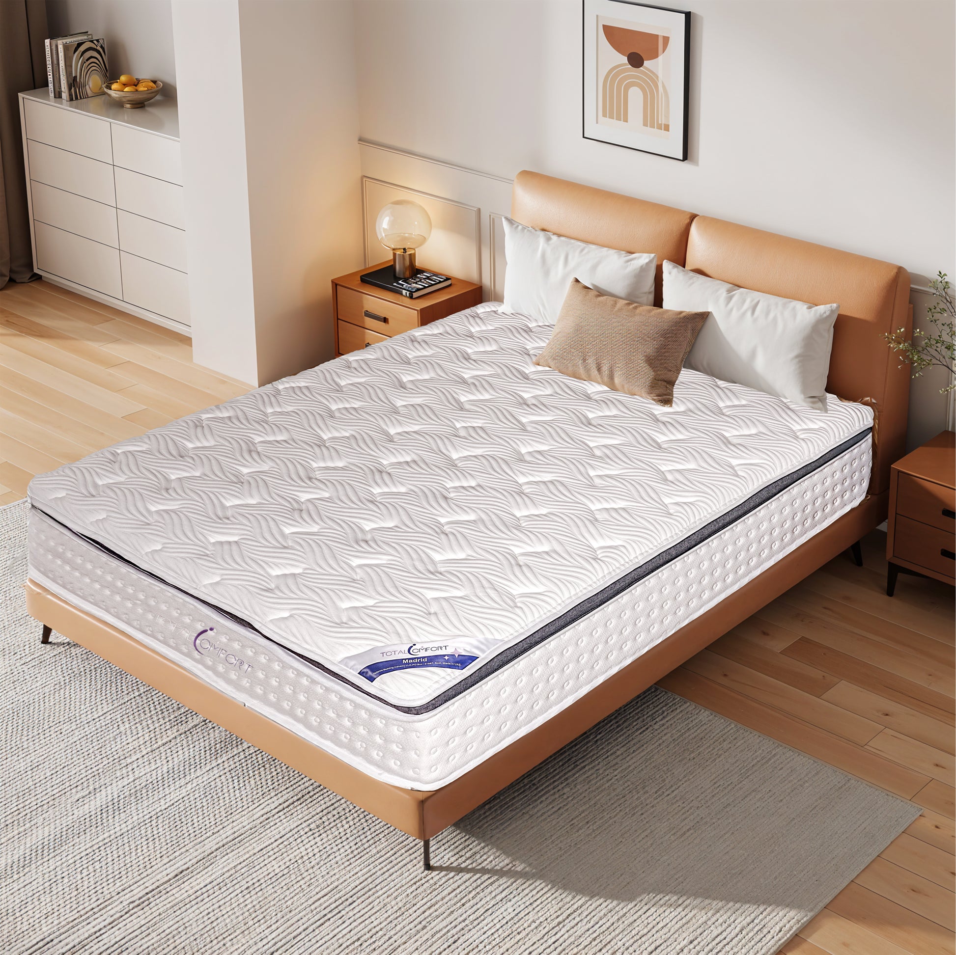 Mattress on a bed in a bedroom setting with wooden furniture and decor.