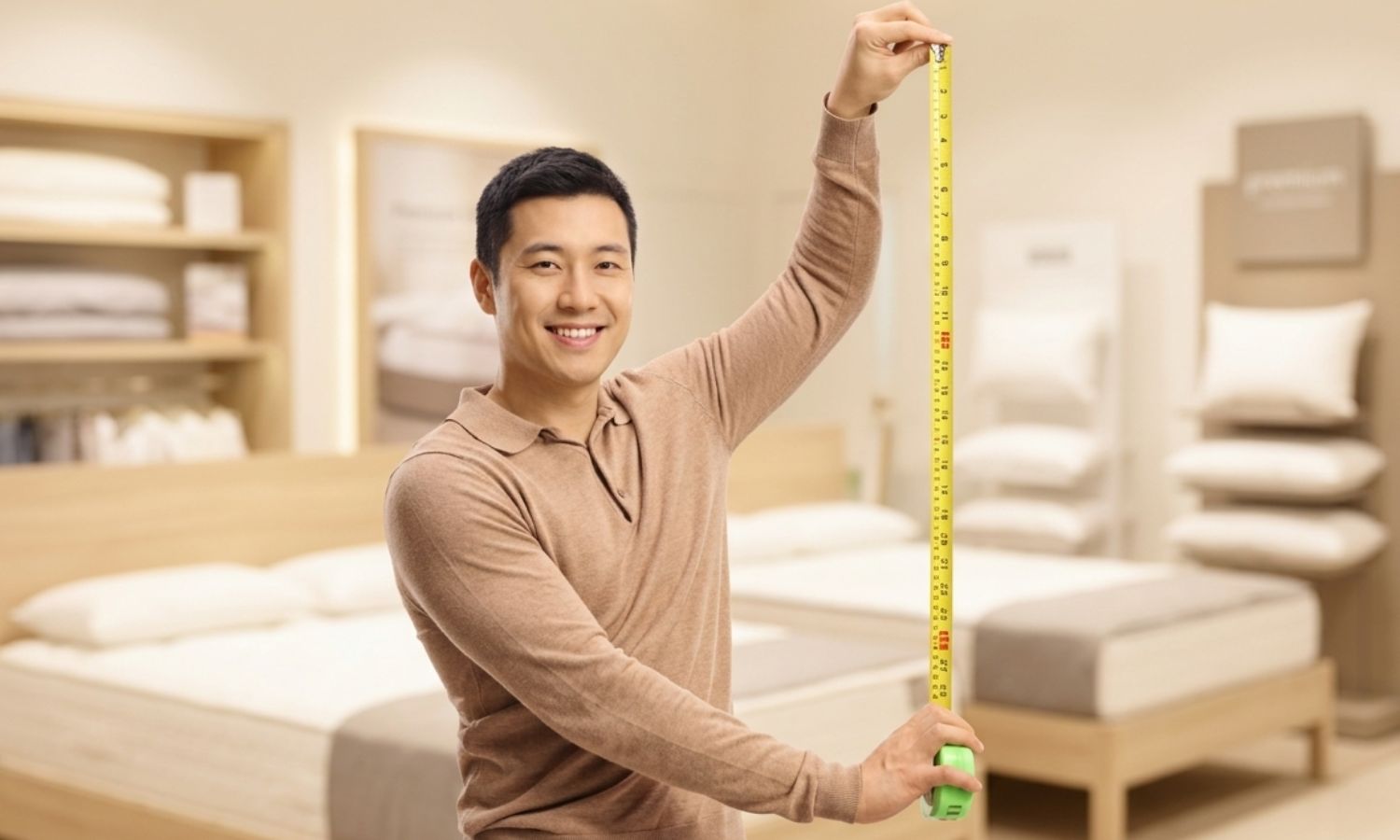 Person holding a measuring tap to measure the dimension of mattress