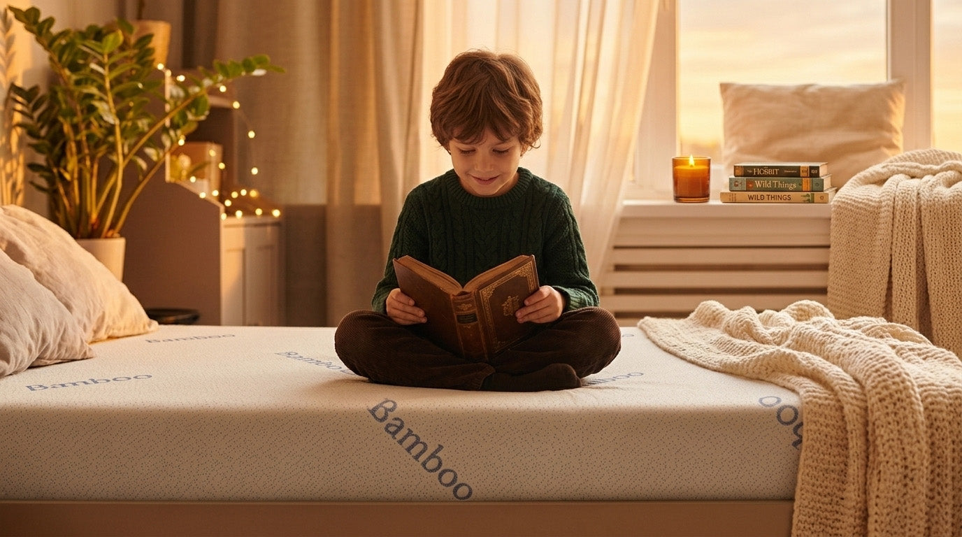 a boy reading book on natural organic latex mattress